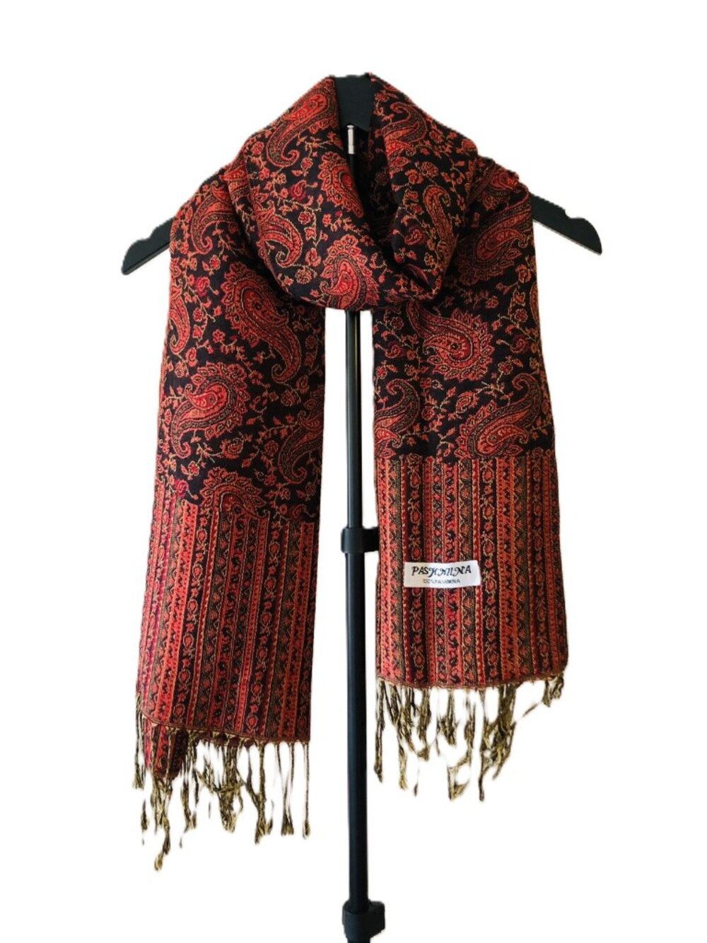 Pashmina Red Black Paisley Scarf Shawl Versatile Wrap Fringe Boho Rectangular